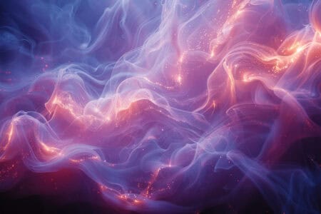 Energetic sound waves in electric blues and purples, pulsating across the canvas,
